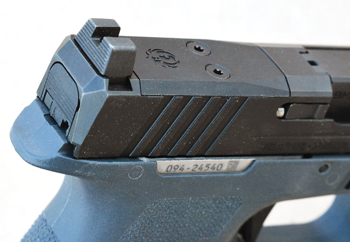 The rear sight is tall and features a wide cut for an excellent sight picture. Note the improved optics-ready plate.